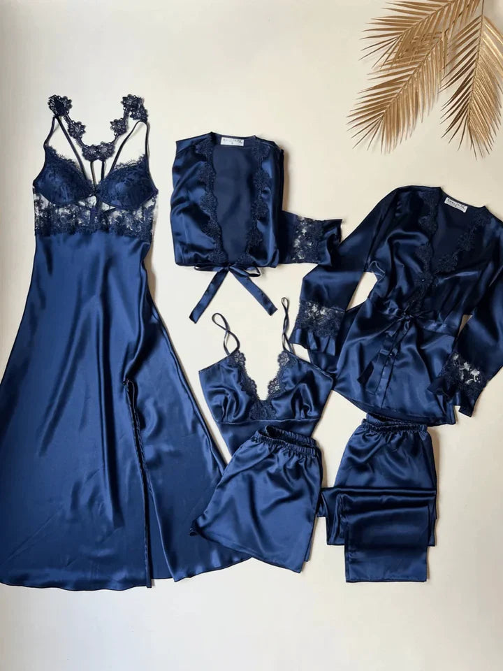 3 Piece Navy Blue Long Slit Satin Nightgown Dressing Gown Set