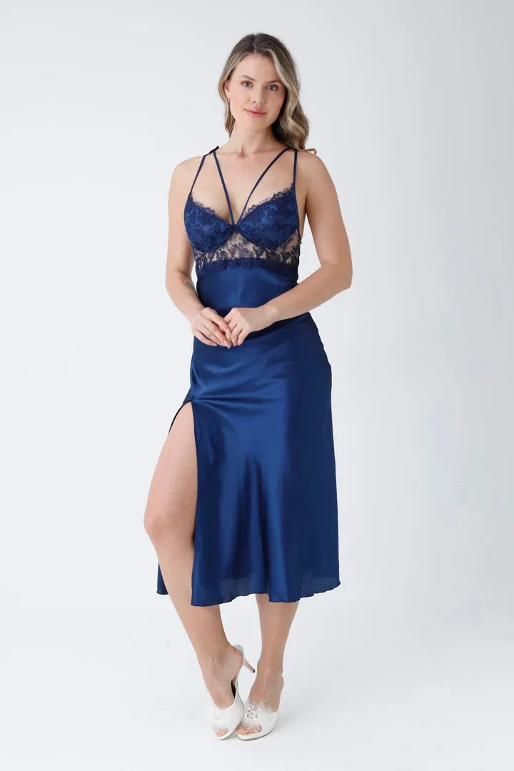 3 Piece Navy Blue Long Slit Satin Nightgown Dressing Gown Set