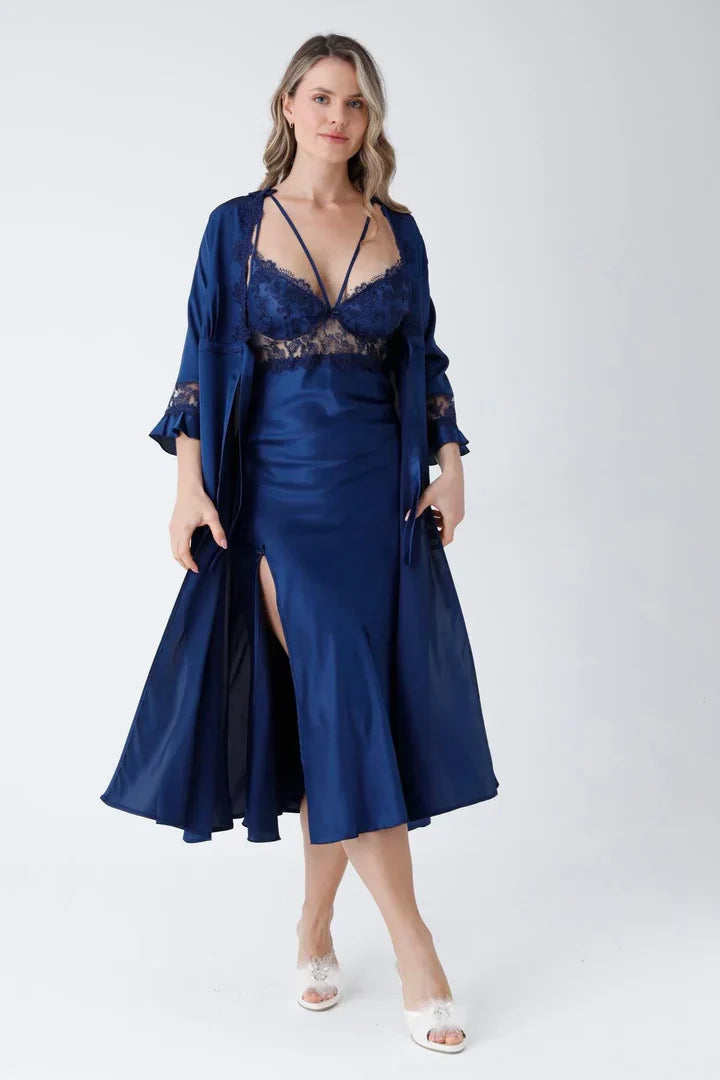 3 Piece Navy Blue Long Slit Satin Nightgown Dressing Gown Set