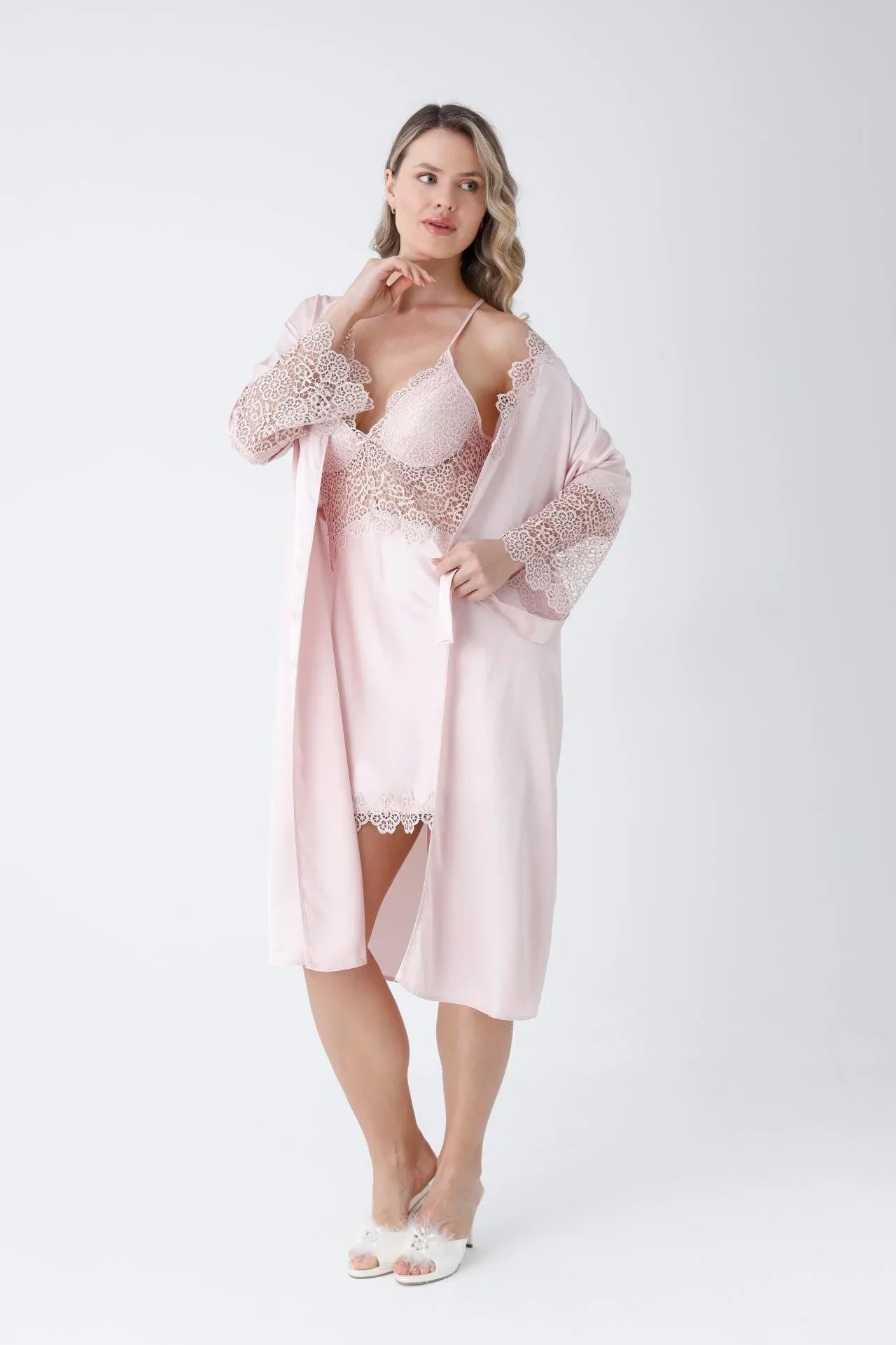 3-Piece Satin Nightgown Dressing Gown Set Pink